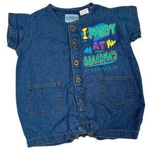 Vintage 90s Y2K 6 Months Baby Denim Romper I Party At Grandma's Florida‎ Classic